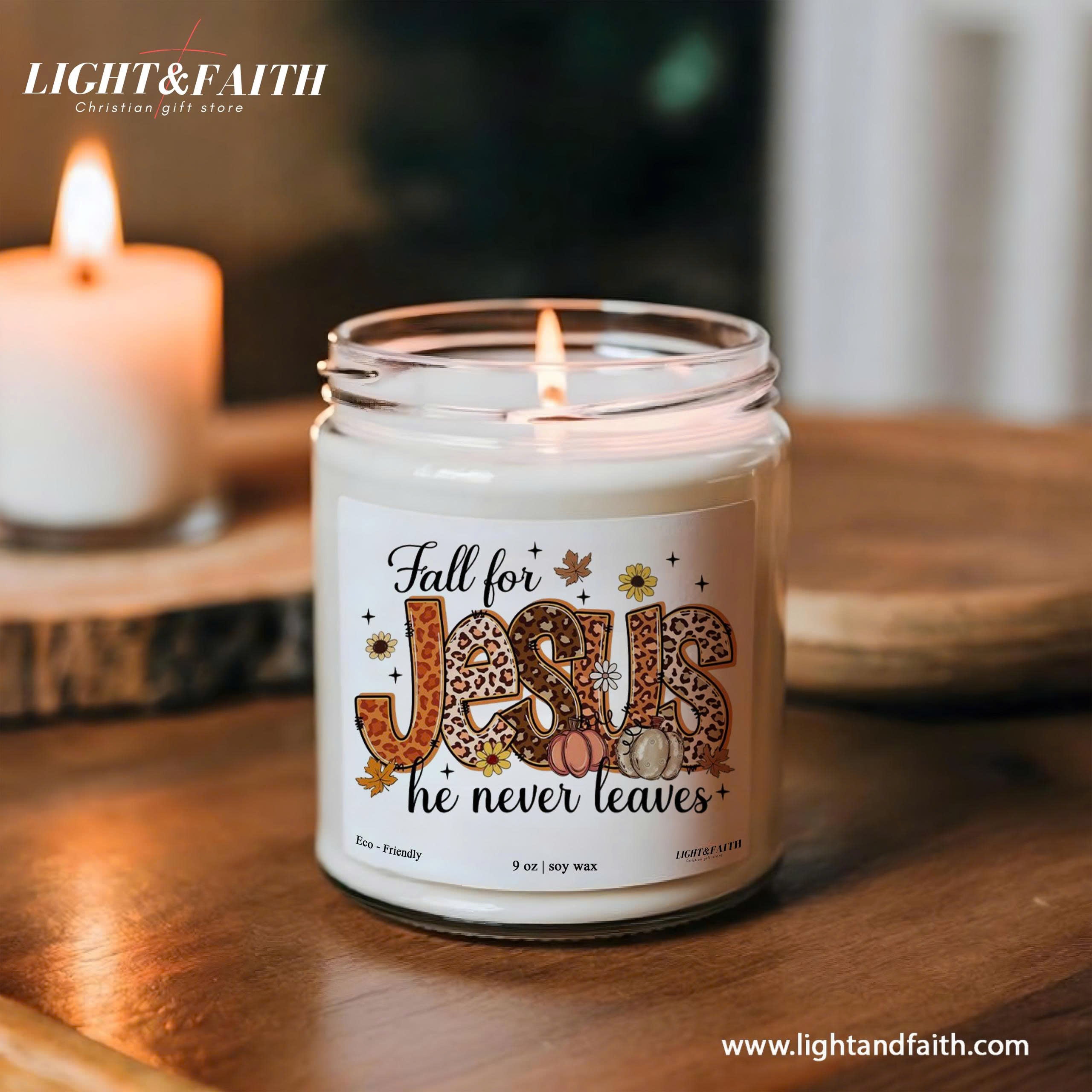 Fall for Jesus Candle, Inspirational Bible Verse, He Never Leaves, Autumn Christian Gift, Uplifting Fall Decor CDLAF28